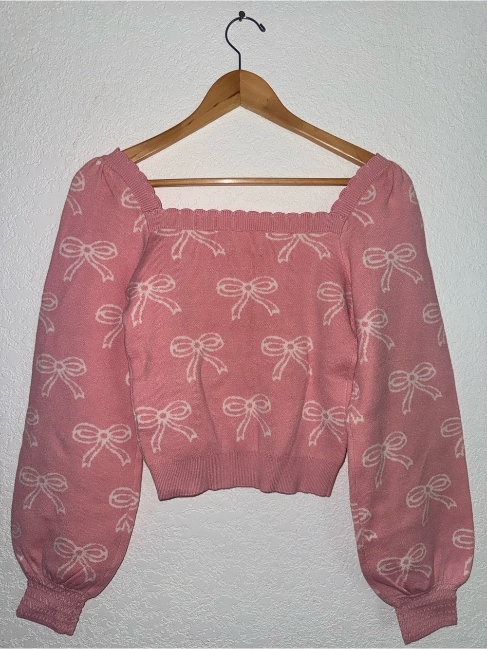 Pink Bow Pattern Square-Neck Sweater